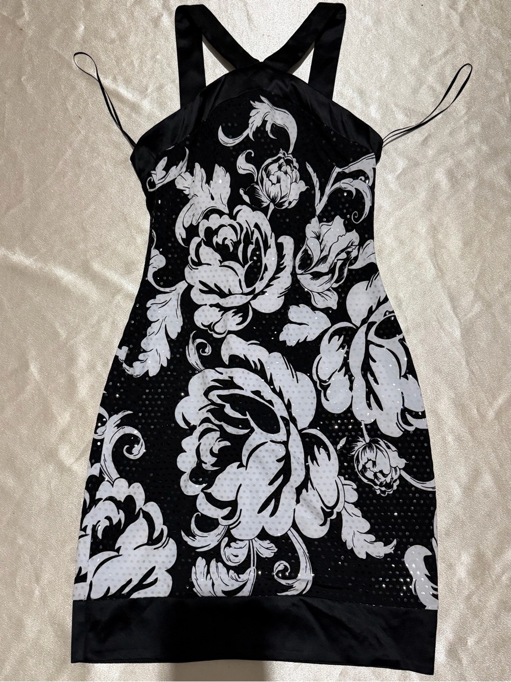 Vintage Caché Black and White Floral Sequin Halter Dress Y2K Mini Size 2